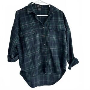 High-Low Long Sleeve Collar Flannel Button Down Shirt Green Blue